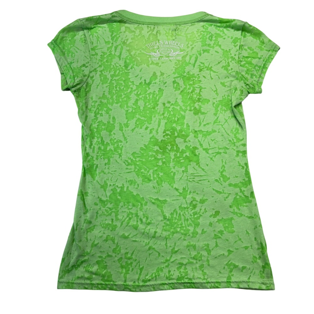 Harley-Davidson T-Shirt Women Medium Green Burnout Baby Tee Foil Graphic Moto